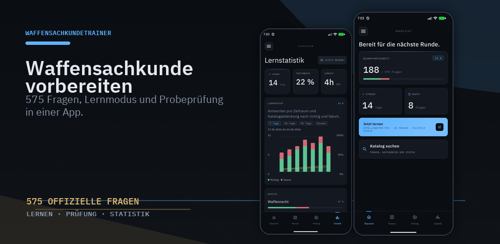 Waffensachkunde Trainer mit Lernstatistik und Startbildschirm